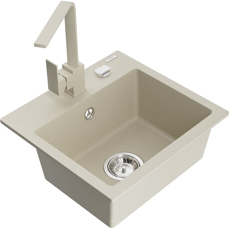 Zlewozmywak granitowy 1-komorowy Mexen Milo z baterią kuchenną Rita beżowy 6505-69-670300-69 1 szt.