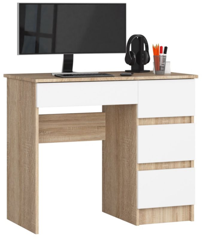 Biurko komputerowe Akord A7 Dąb Sonoma 90 cm prawe 4 szuflady kolor Biały mat 90x50x77 cm 1 szt.