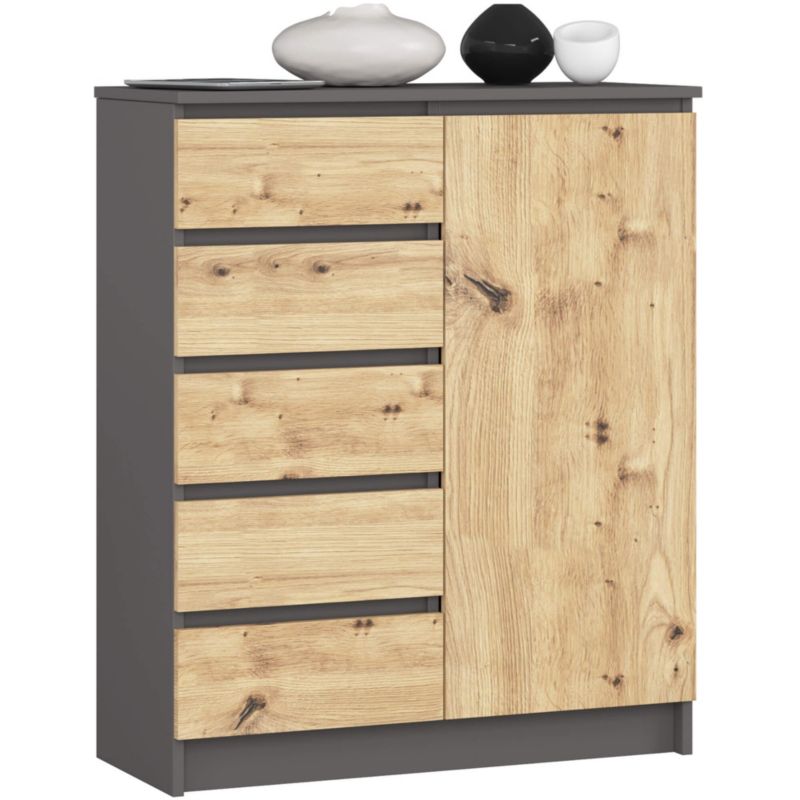 Komoda Akord K80 Grafit Szary 80 cm 1 drzwi 5 szuflad kolor Dąb Artisan mat 3 półki 80x35x97 cm 1 szt.