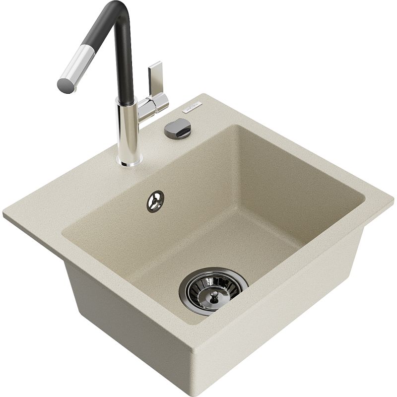 Zlewozmywak granitowy 1-komorowy Mexen Milo z baterią kuchenną Flora beżowy 6505-69-670401-07-B 1 szt.