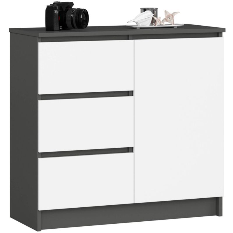 Komoda Akord Jerry Grafit Szary 80 cm 1 drzwi 3 szuflady kolor Biały mat 2 półki 80x35x77 cm 1 szt.