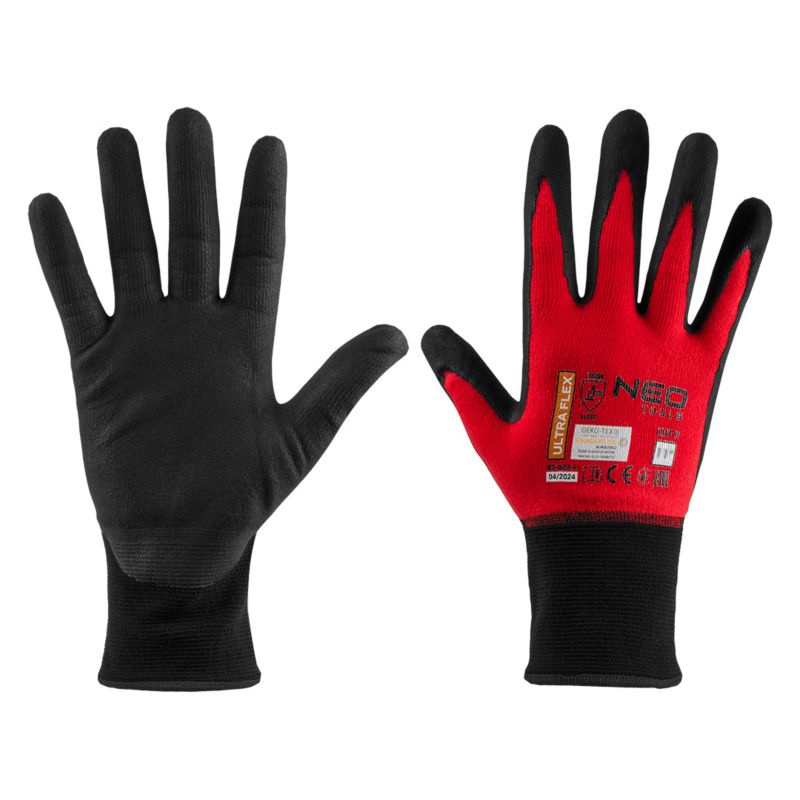 Rękawice robocze NEO TOOLS nylon oraz spandex z pokryciem polimerowo-nitrylowym rozm. 11 czarno-czerwone 1 para