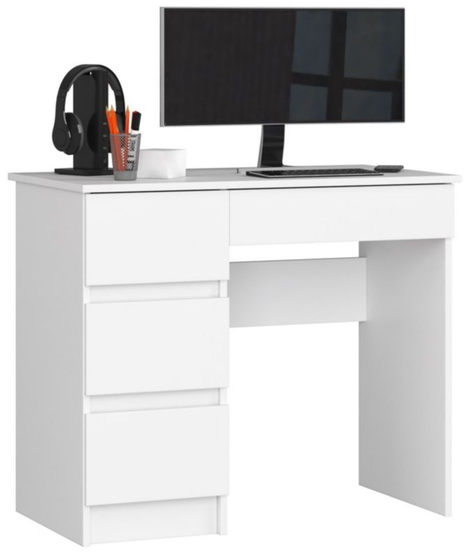 Biurko komputerowe Akord A7 Białe 90 cm lewe 4 szuflady kolor Biały mat 90x50x77 cm 1 szt.