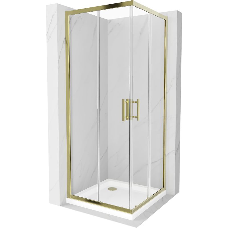 Kabina prysznicowa Mexen Rio kwadratowa 90 x 90 cm transparent złota + brodzik Flat biały