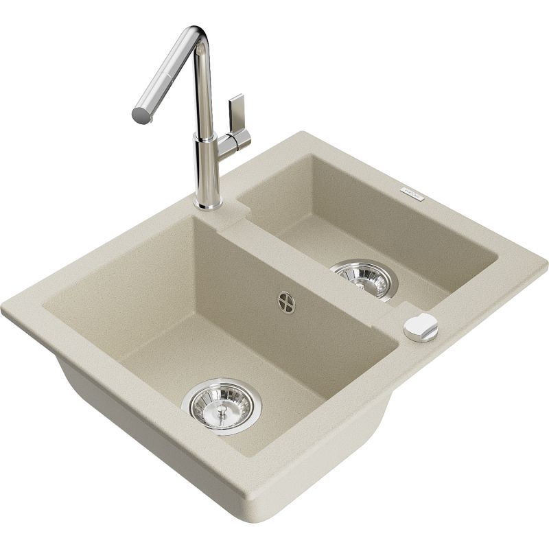 Zlewozmywak granitowy 1.50-komorowy Mexen Carlos z baterią kuchenną Flora beżowy 6518-69-670401-00 1 szt.