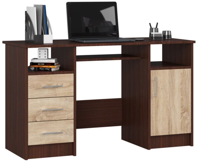 Biurko Akord Ana Wenge 124 cm biurko komputerowe 1 drzwi 3 szuflady kolor Dąb Sonoma mat 5 półek 124x52x74 cm 1 szt.