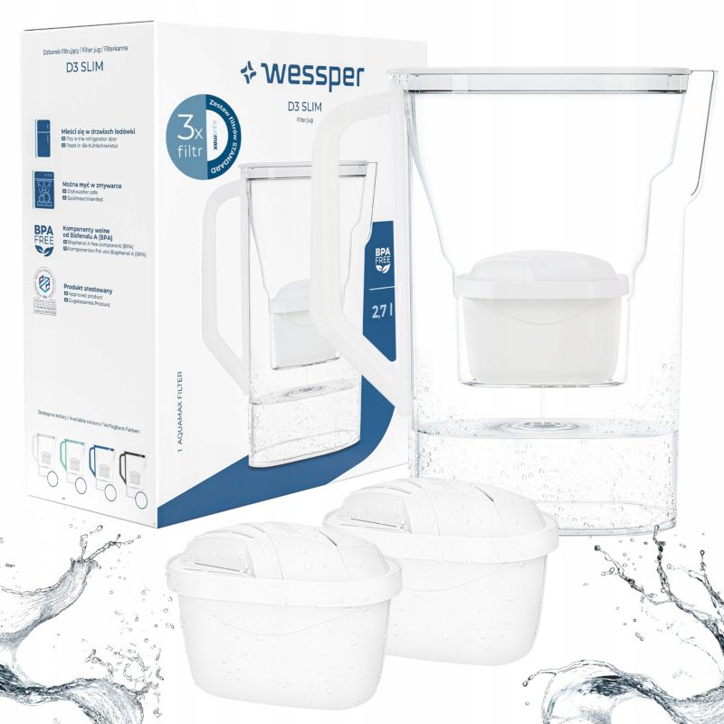 Dzbanek filtrujący wodę, Wessper D3 Slim, 2.7l + 3x filtr wody Aquamax Standard, biały, 4szt