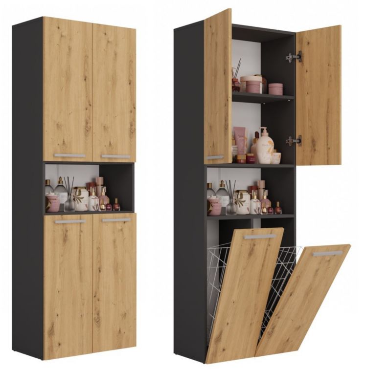 Szafka Łazienkowa Topeshop Słupek Nel DK 2K Kosz Antracyt Dąb Artisan 30x60x174 cm 1 szt.