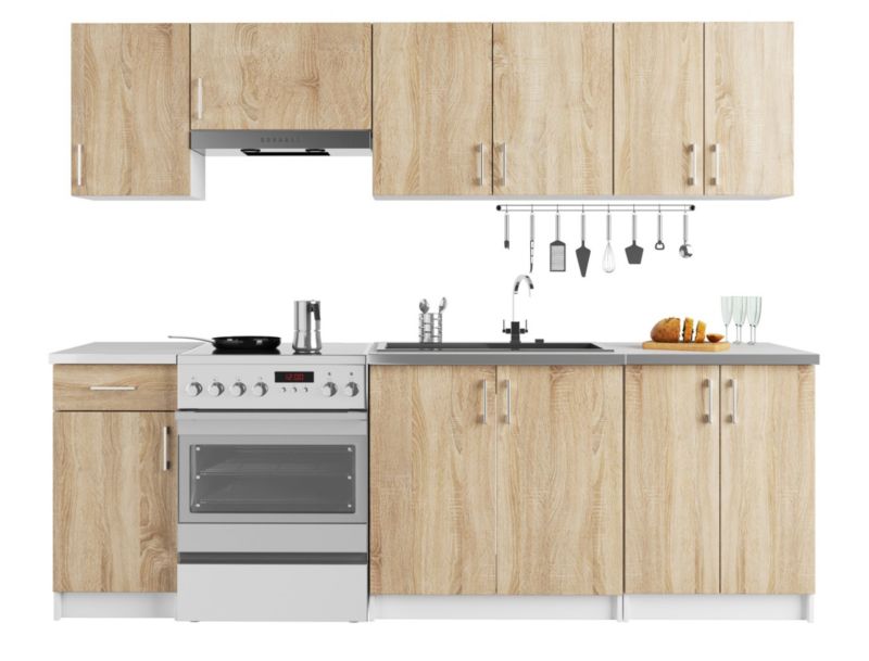 Zestaw kuchenny Akord Lima 2.4m Biały 240 cm 11 drzwi 1 szuflada kolor Dąb Sonoma mat 12 półek 240x44,5x203 cm 1 zestaw