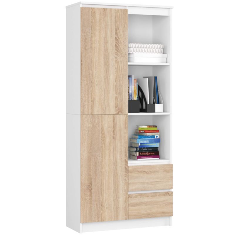 Regał Akord R11 Biały 80 cm 1 drzwi 2 szuflady kolor Dąb Sonoma mat 7 półek 80x35x180 cm 1 szt.