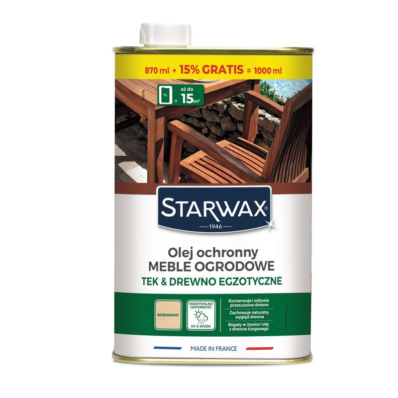 Olej ochronny do mebli ogrodowych Tek & Drewno Egzotyczne, Starwax, Odżywia, chroni, spowalnia szarzenie 1 l