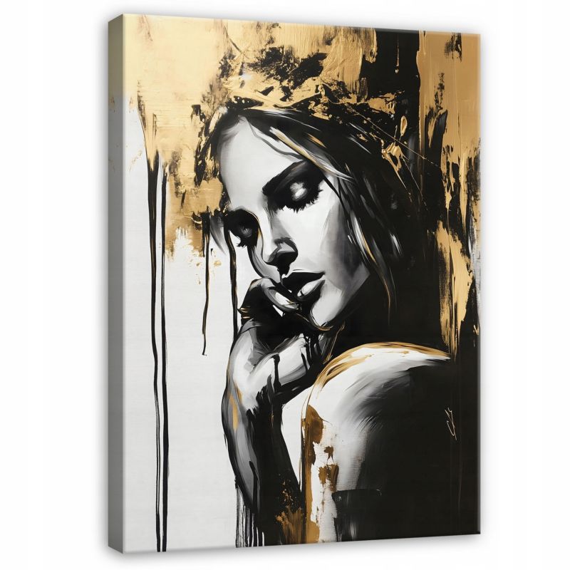 Obraz Na Płótnie WALLARENA 120X80 cm Do Salonu Sypialni Kuchni Abstrakcja Kobieta Czarny Złoto 1 szt.
