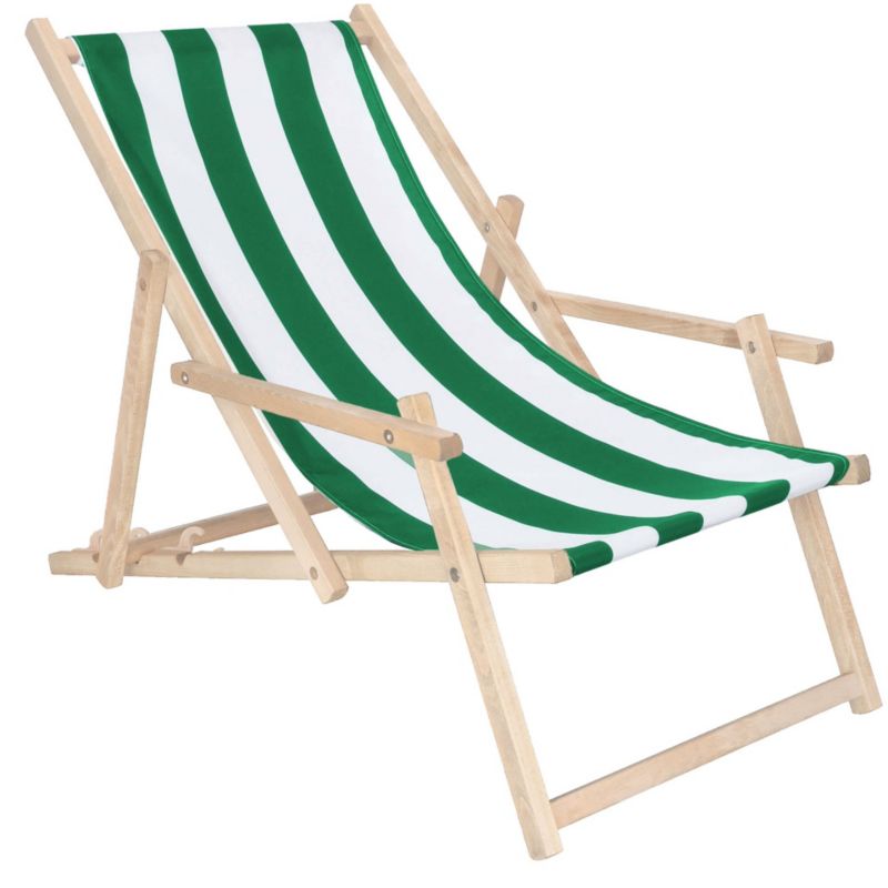 Leżak drewniany Springos z podłokietnikami ogrodowy, plażowy zielono-białe pasy 1 szt.