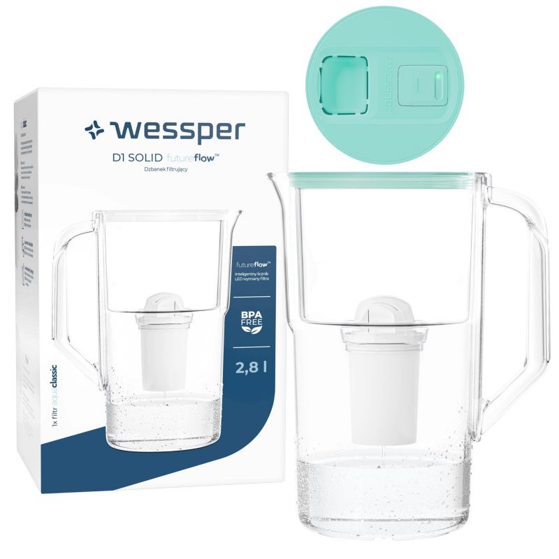 Dzbanek filtrujący wodę, Wessper, z licznikiem LED, 2.8L, miętowy + Filtr wody, 1szt