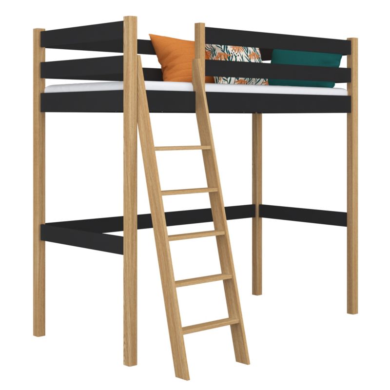 Drewniane łóżko na antresoli N-WOOD N03 90x190 czarny / dąb naturalny 1 szt.