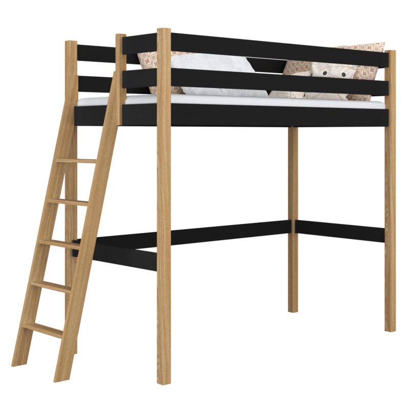 Drewniane łóżko na antresoli N-WOOD N02 120x190 czarny / dąb naturalny 1 szt.