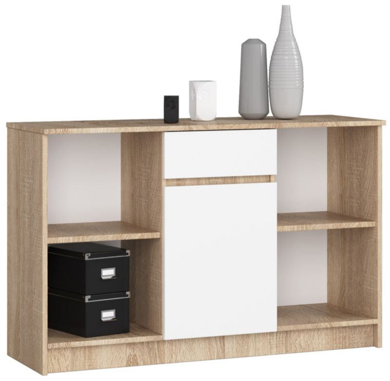 Komoda Akord B17 Dąb Sonoma 120 cm 1 drzwi 1 szuflada kolor Biały mat 6 półek 120x40x77 cm 1 szt.