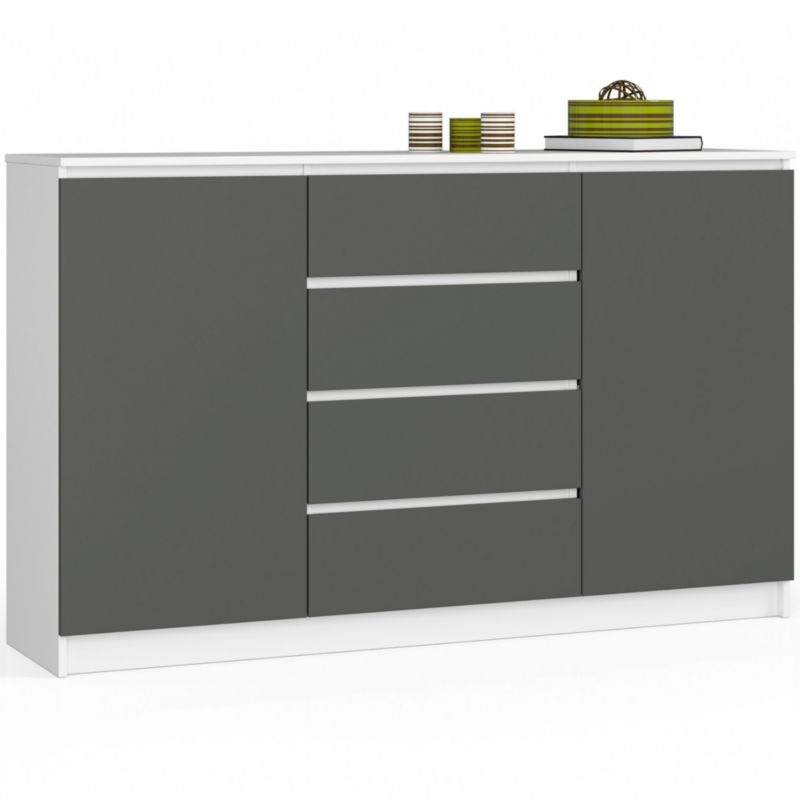 Komoda Akord K160 Biała 160 cm 2 drzwi 4 szuflady kolor Grafit Szary mat 4 półki 160x40x99 cm 1 szt.