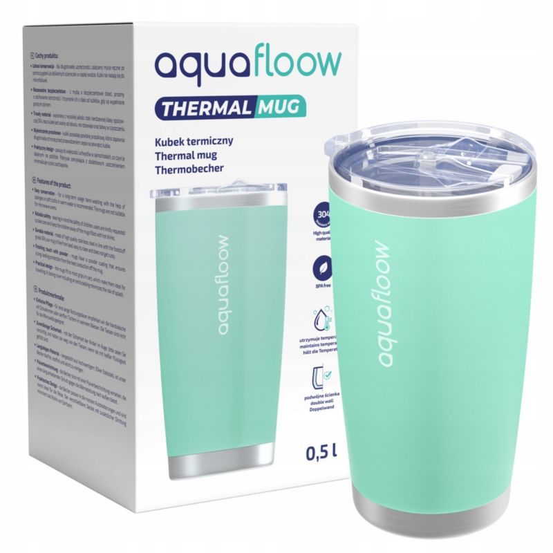 Kubek Termiczny, Aquafloow, termos, na kawę, herbatę, podróżny, 500ml, miętowy, stal, 1szt