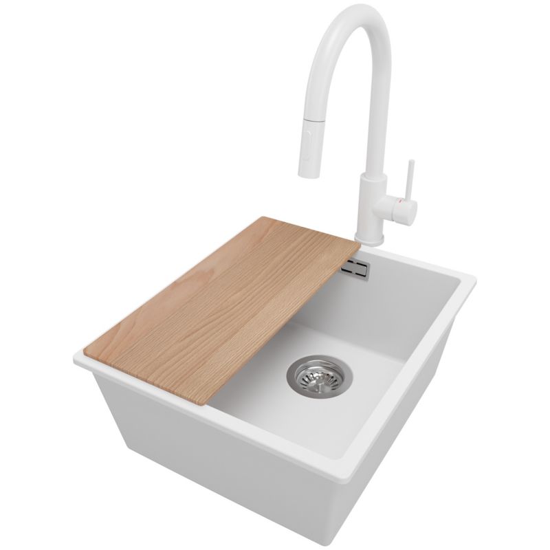 Zlewozmywak Granitowy Londyn Slim PRIMAGRAN Nablatowy 41x47cm do szafki od 45cm z Syfonem i Baterią i Dodatkiem Biały 1 szt.