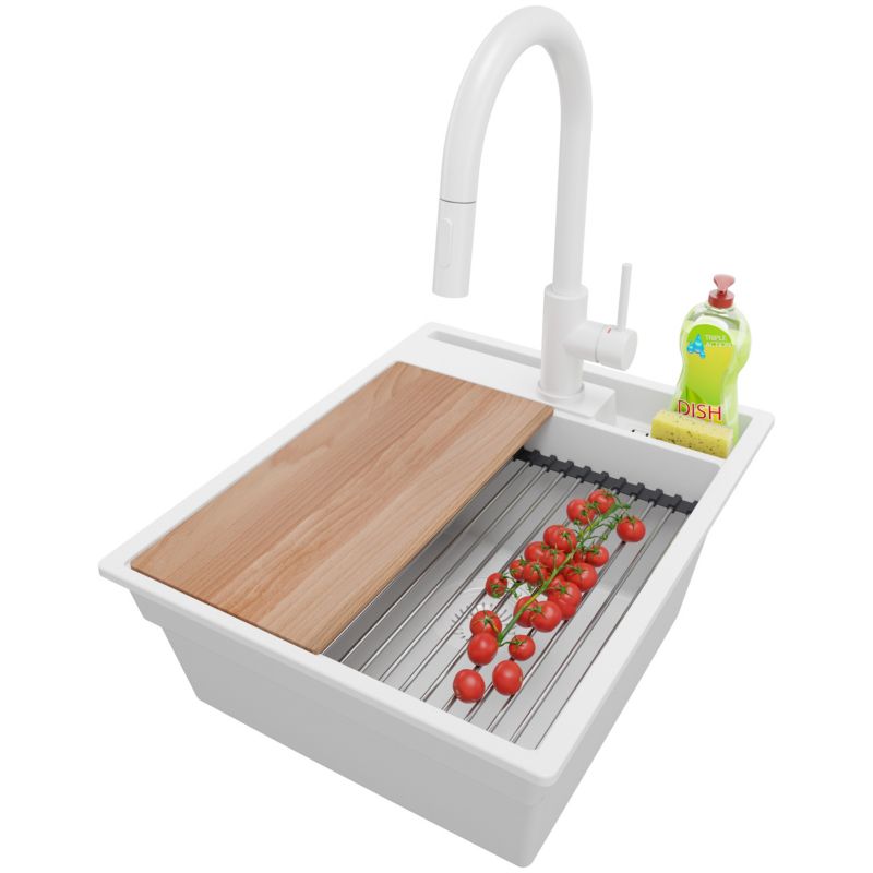 Zlewozmywak Granitowy Oslo Pocket PRIMAGRAN Nablatowy 43x53cm do szafki od 45cm z Syfonem i Baterią i Dodatkiem Cały Biały 1 szt.
