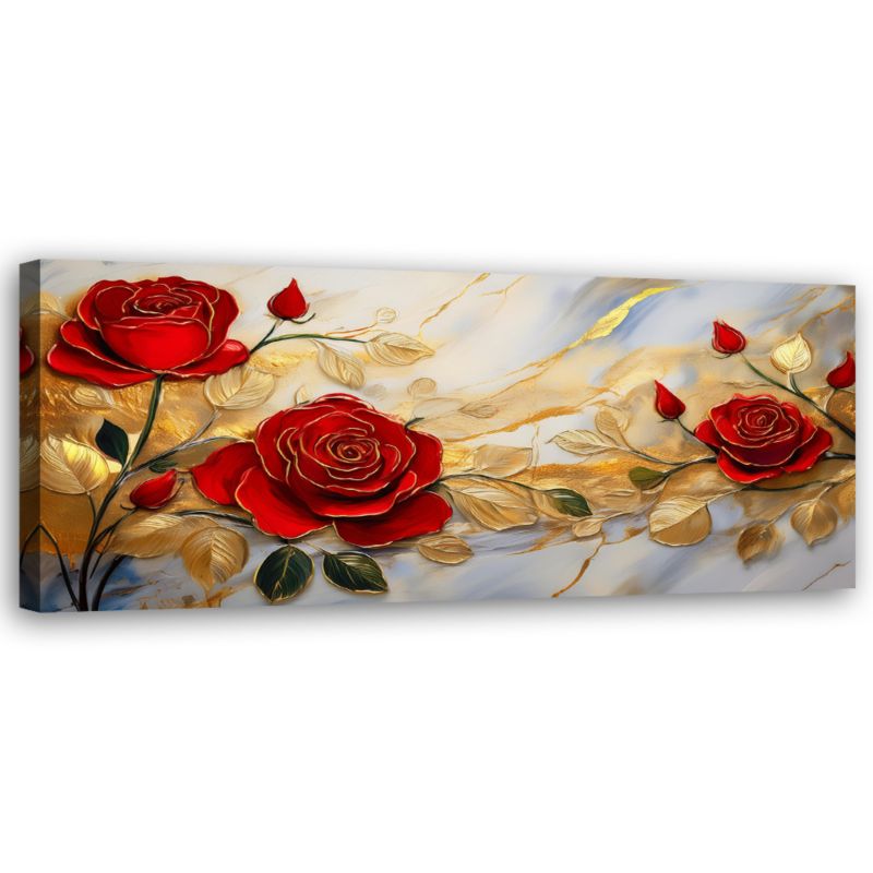 Obraz do salonu sypialni Feeby Czerwone Róże Złoto Marmur 90x30 cm 1 szt