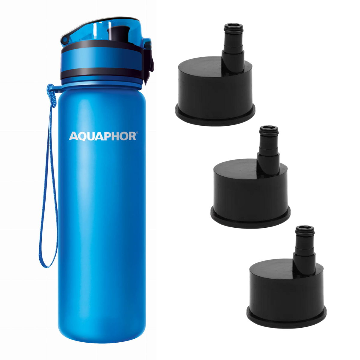 Bidon z filtrem Aquaphor City niebieski z 2 dodatkowymi filtrami.