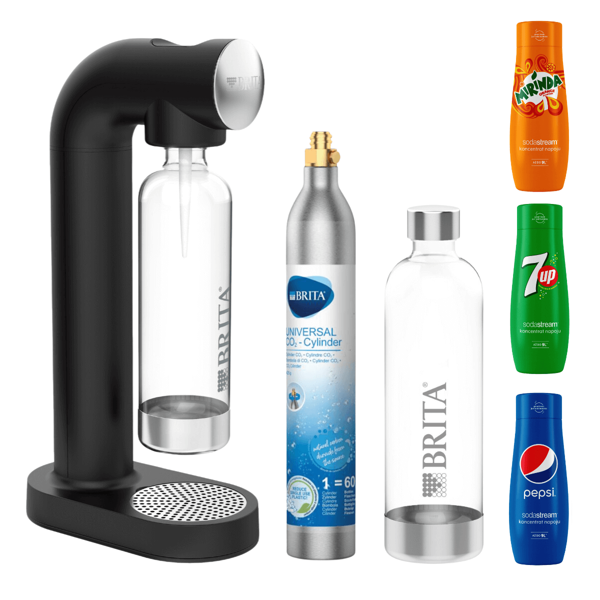 Zestaw saturator BRITA SodaOne czarny + trzy syropy SodaStream do wody.