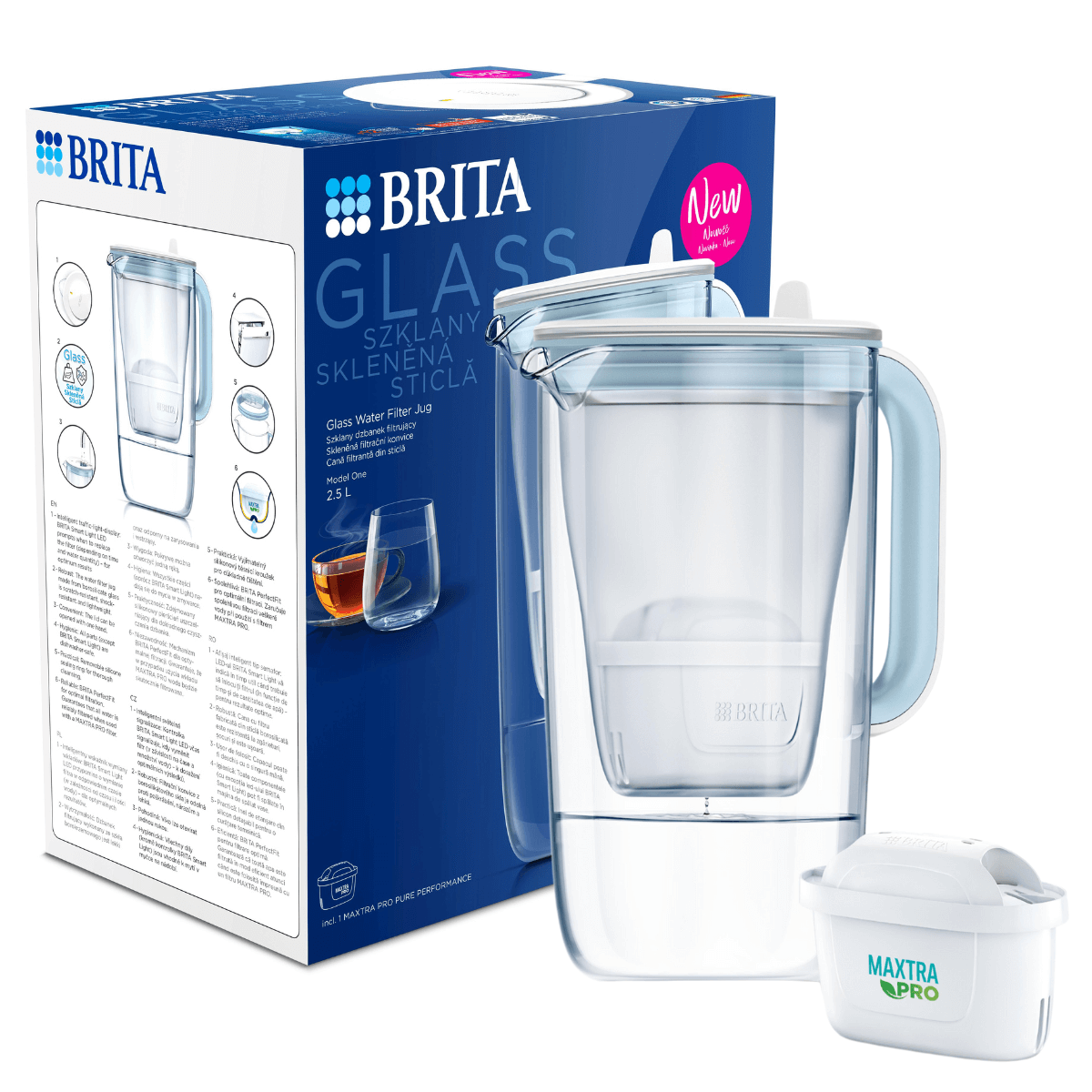 Dzbanek filtrujący BRITA GLASS w kolorze niebieskim. Szklany dzbanek z filtrem BRITA.