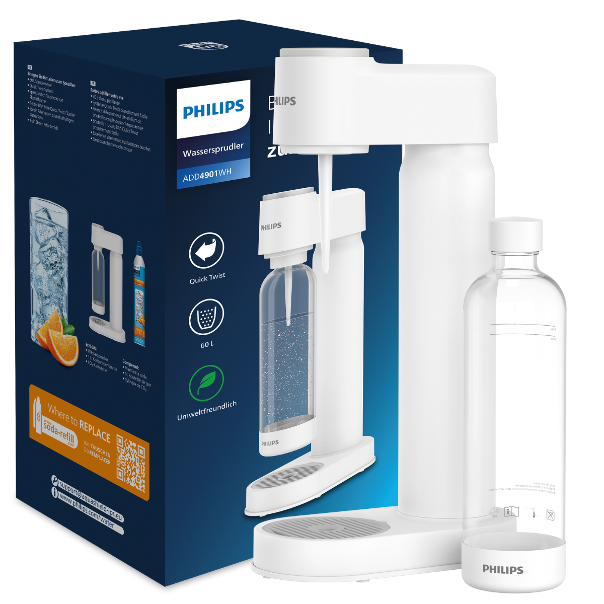 Saturator do gazowania wody PHILIPS ADD4901WH/10, kolor biały. Syfon domowy do wody gazowanej.