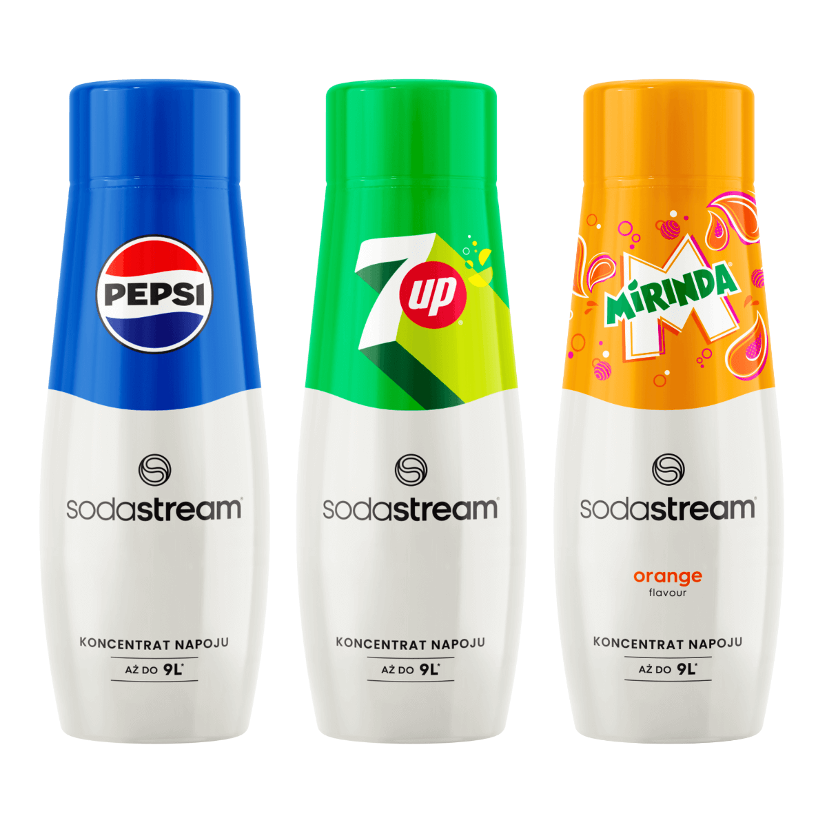 Zestaw Pepsi, Mirinda, 7Up. Syropy smakowe SodaStream. Zasmakuj orzeźwienia. Oryginalne koncentraty SodaStream.