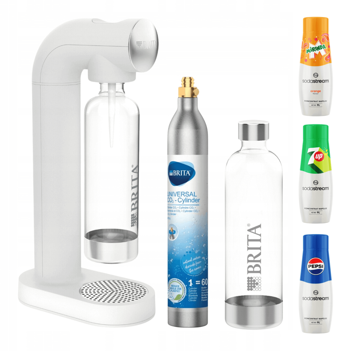 Zestaw saturator BRITA SodaOne w kolorze białym + trzy syropy smakowe do wody.