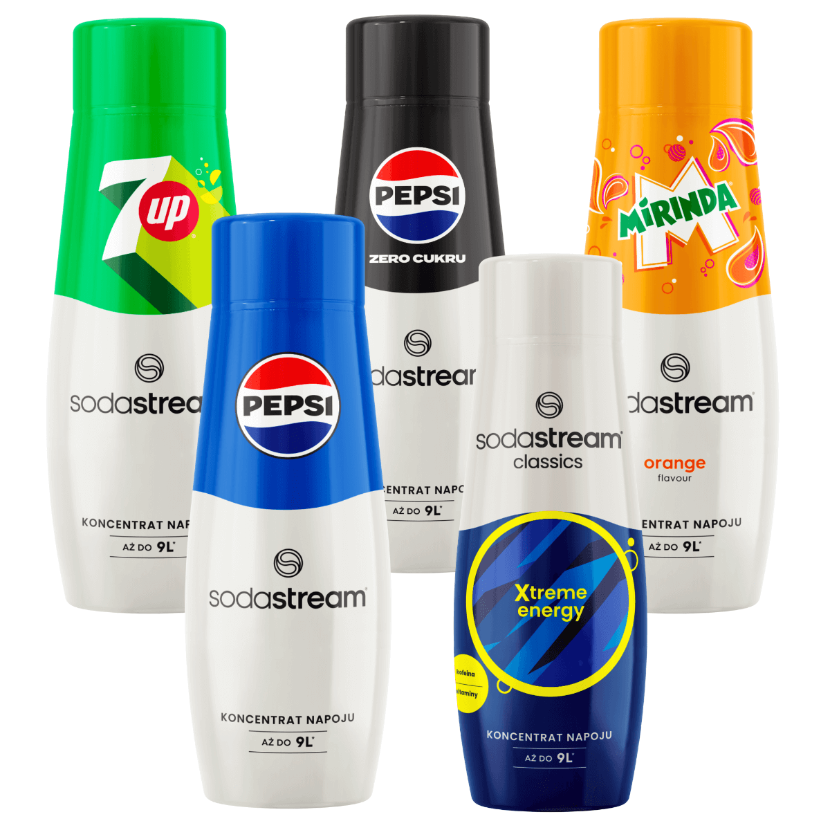 Zestaw 7UP, Pepsi, Pepsi Max, Mirinda, Xtreme. Oryginalne koncentraty SodaStream.