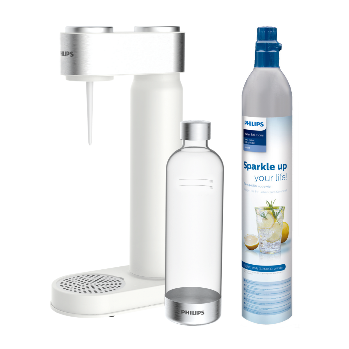 Saturator PHILIPS kolor biały/srebrny. Syfon PHILIPS z butelką do gazowania i cylindrem z gazem CO2. ADD4902WH/10.