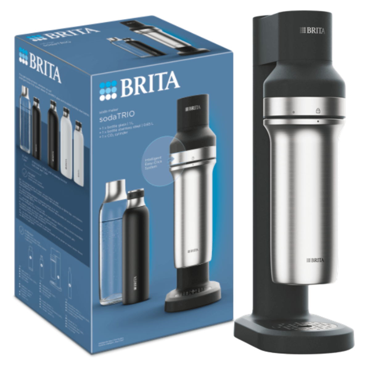 Saturator do gazowania wody BRITA sodaTRIO kolor czarny, z dwoma butelkami.