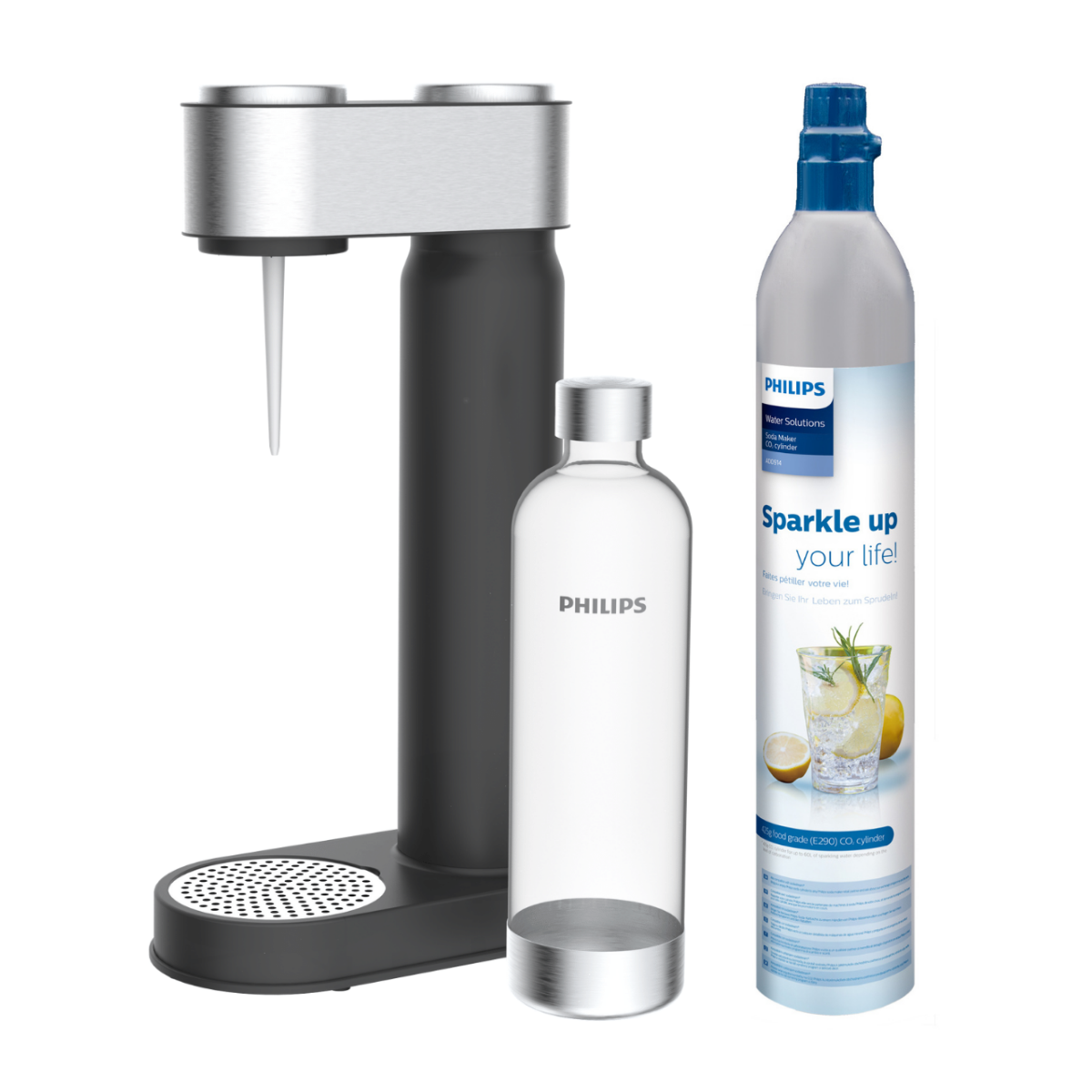 Saturator do gazowania wody PHILIPS ADD4902BK, kolor czarny. Kompletne urządzenie z cylindrem CO2 i butelką do gazowania.