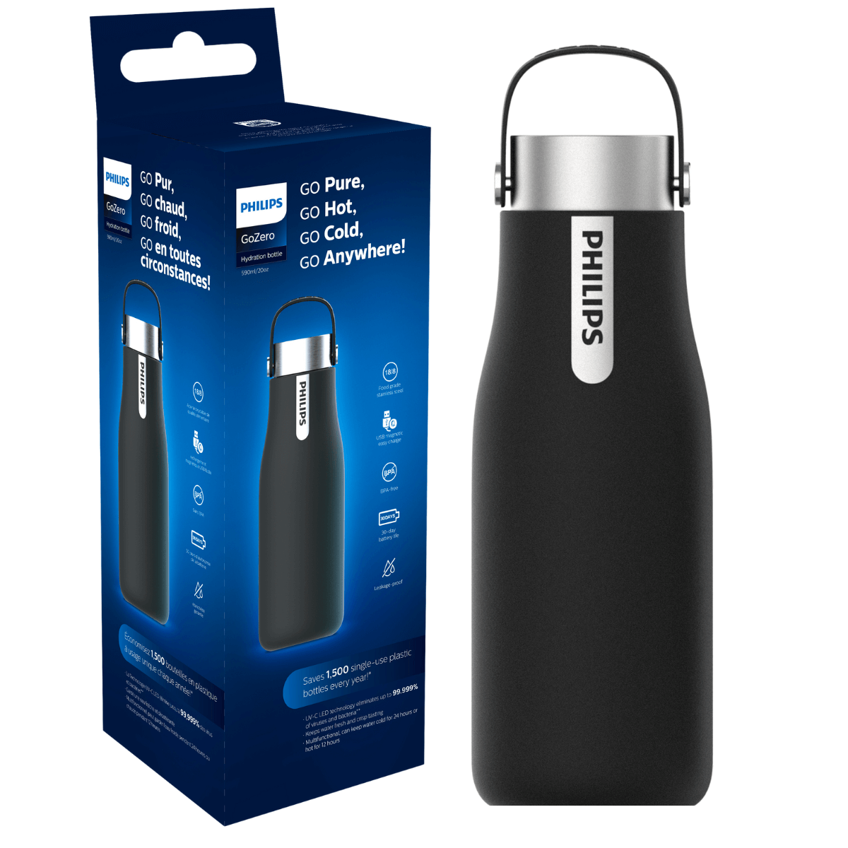 Philips Smart inteligentna butelka samoczyszcząca z lampą UV. Utrzymuje temperaturę do 12/24h. Zabija bakterie w wodzie.
