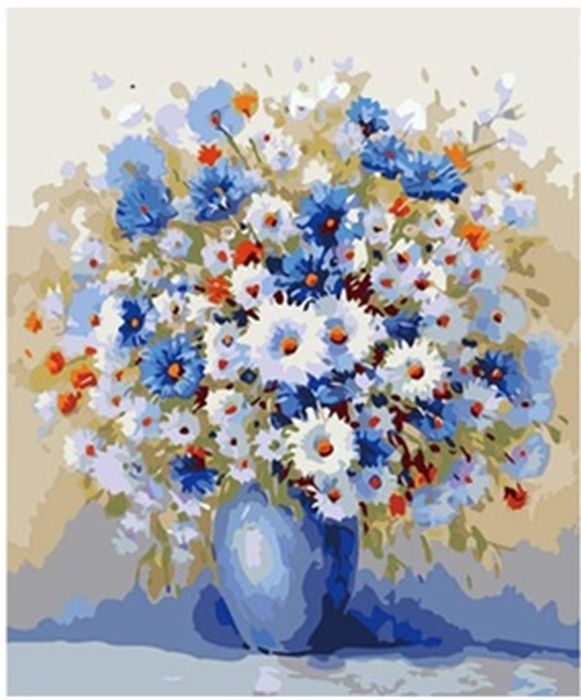 DIAMENTOWA MOZAIKA BUKIET KWIATÓW NIEBIESKI WAZON PAK 60 30X40 CM