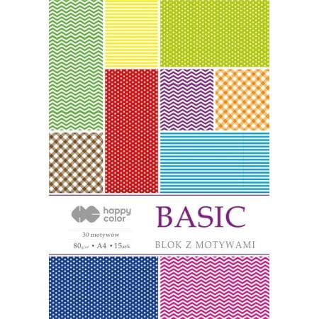 Happy Color Blok z motywami BASIC, 80g/m2, A4, 15 ark, 30 motywów