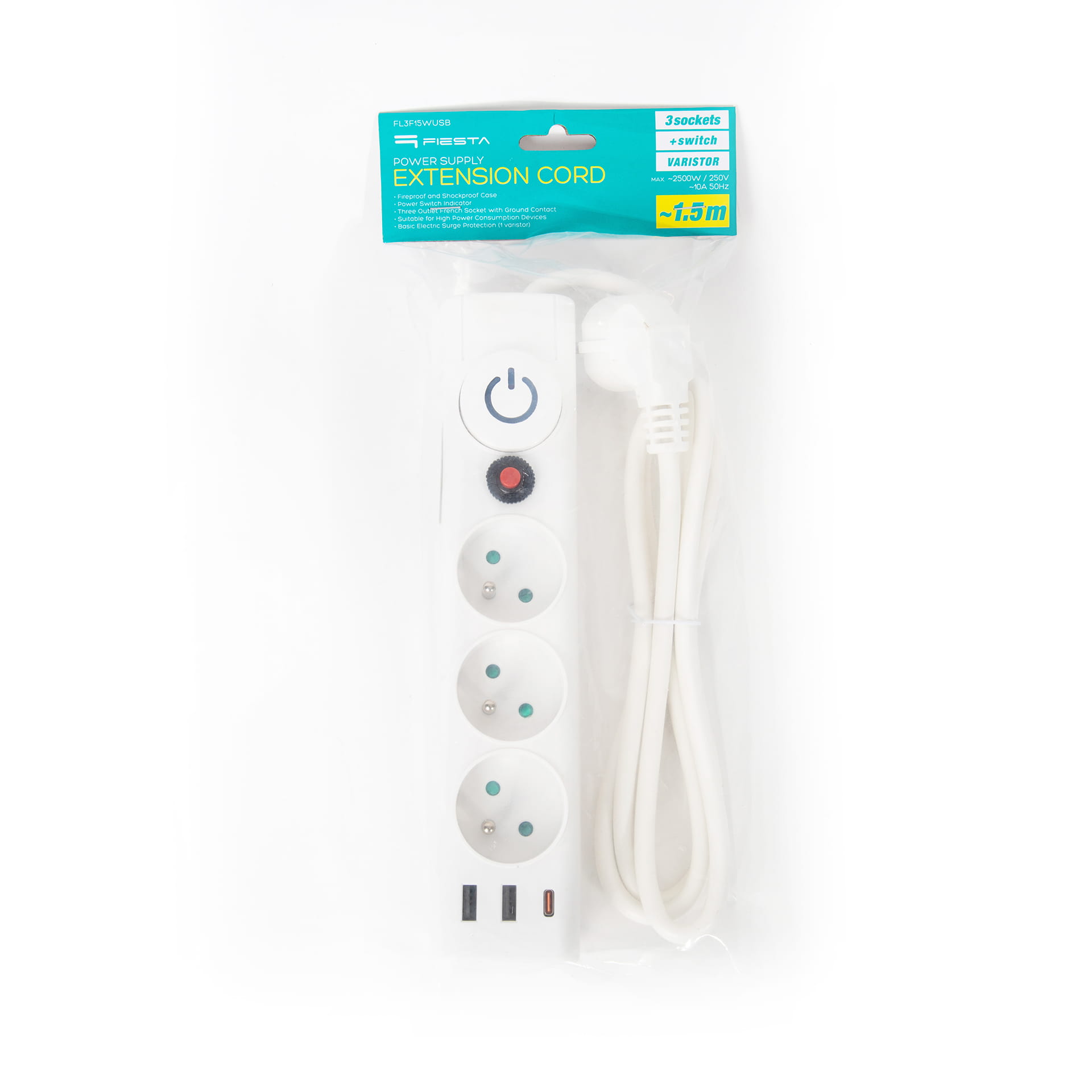 FIESTA Listwa zasilająca 1,5m 46086 3 GNIAZDA 10A 3xUSB FL3F15WUSB BIAŁA - Henryx24