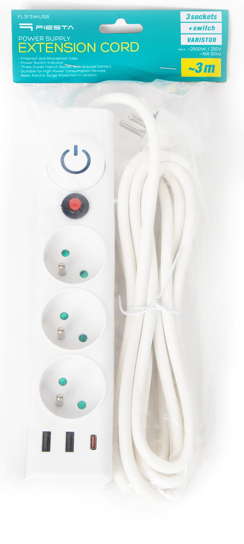 FIESTA Listwa zasilająca 3m 46087 3 GNIAZDA 10A 3xUSB FL3F3WUSB BIAŁA - Henryx24