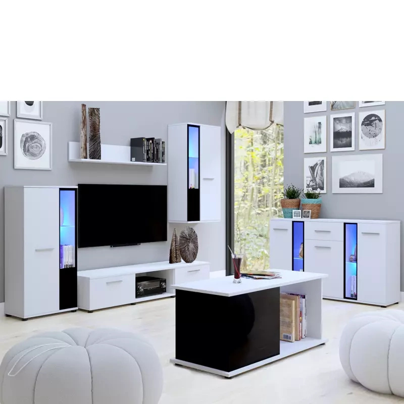 Meblościanka do salonu z komodą i ławą biały mat CUBE