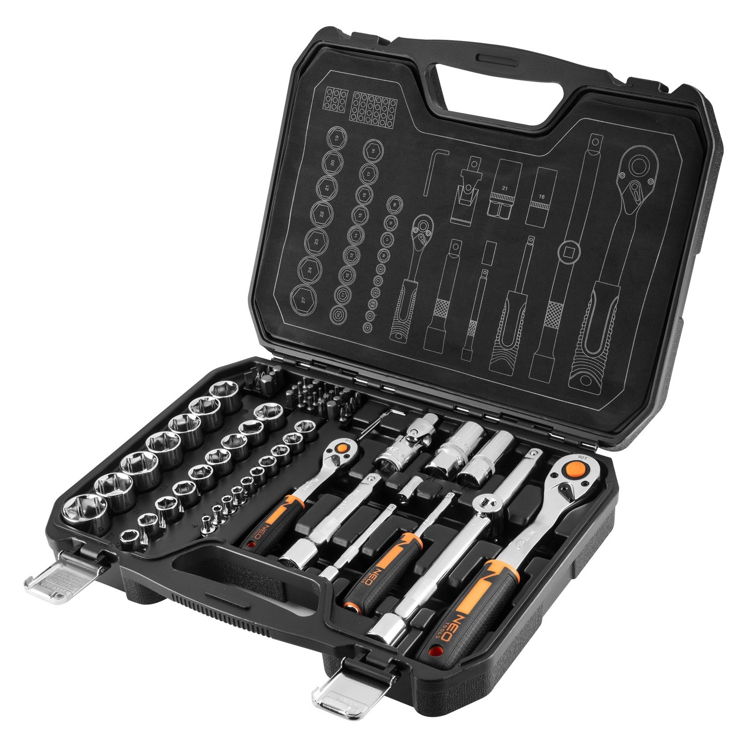 Neo Tools Zestaw Kluczy nasadowych 73 elementowych 1/2", 1/4"