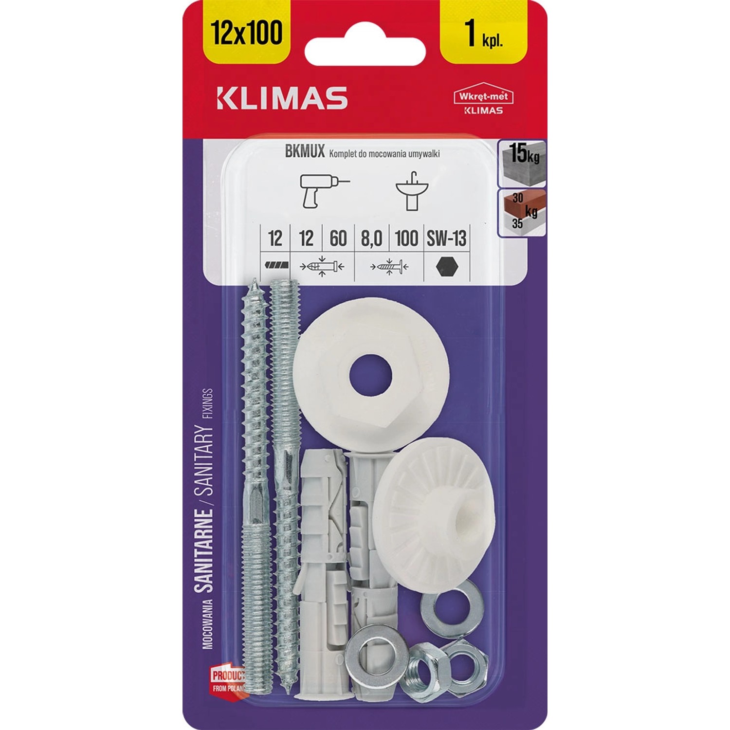 Wkręt-met Komplet do mocowania umywalki 12 mm x 100 mm