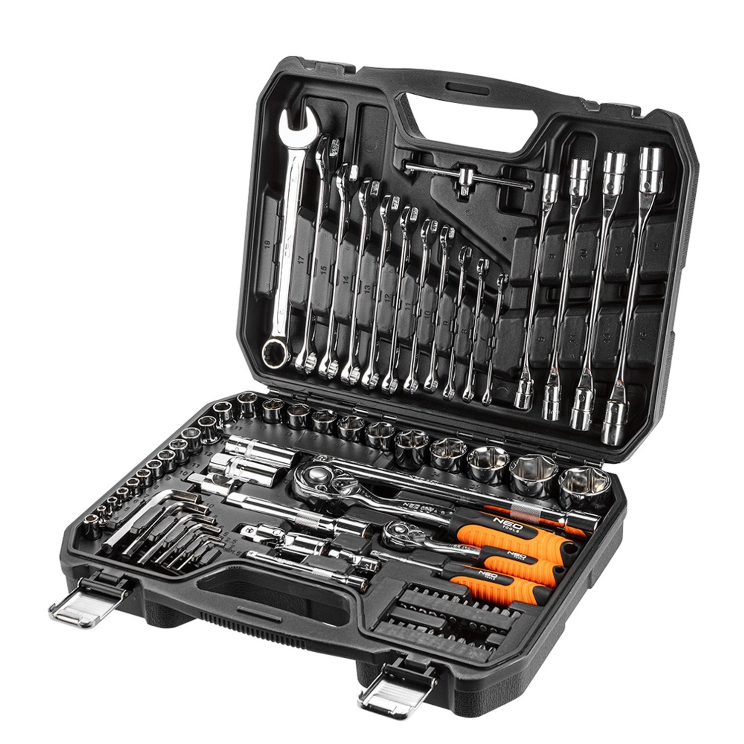Neo Tools Zestaw kluczy nasadowych 1/2'' i 1/4'' 77szt.