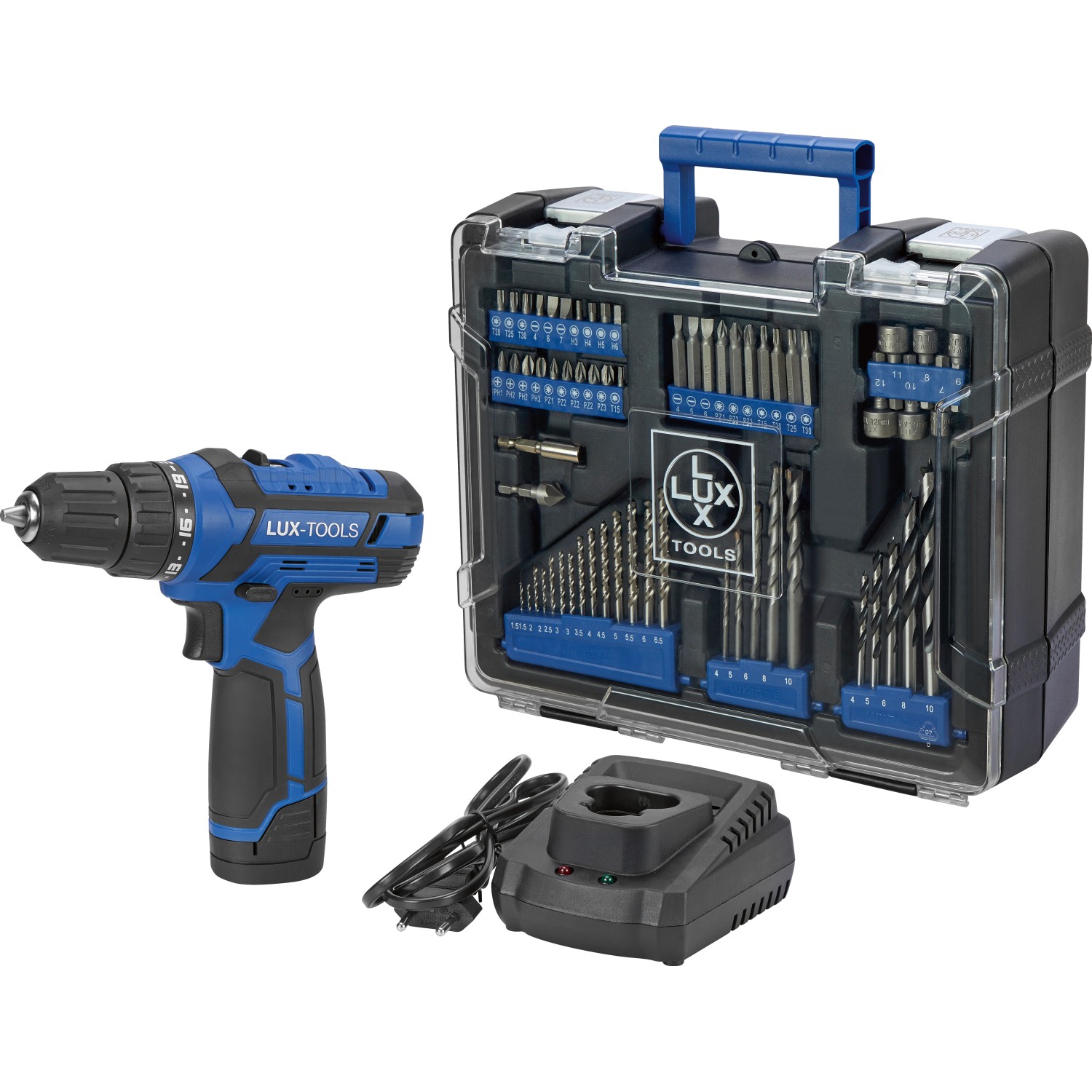 LUX-Tools Wiertarko-wkrętarka 12V + zestaw 62 akcesoriów