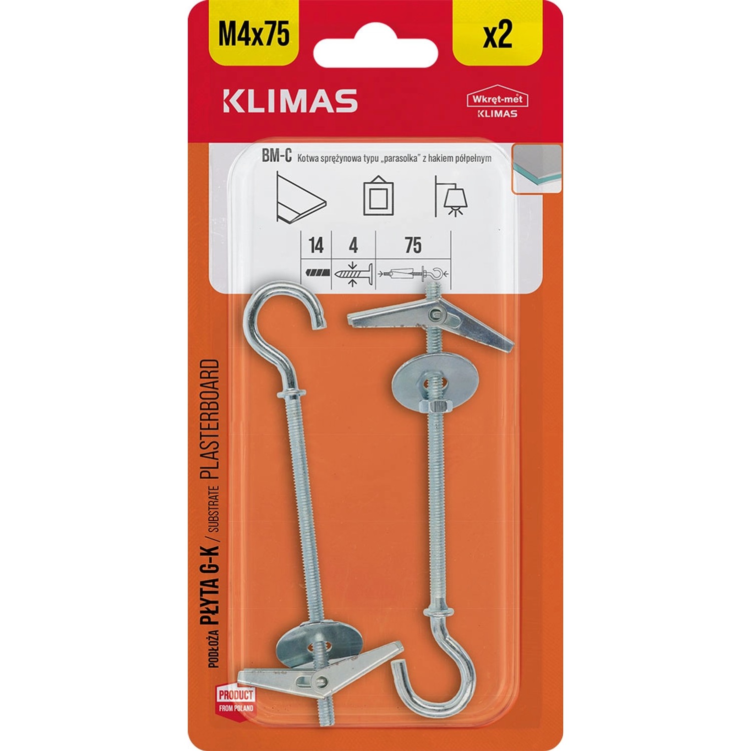 Wkręt-met Kotwa sprężynowa typu parasolka hak półpełny 4 mm x 75 mm
