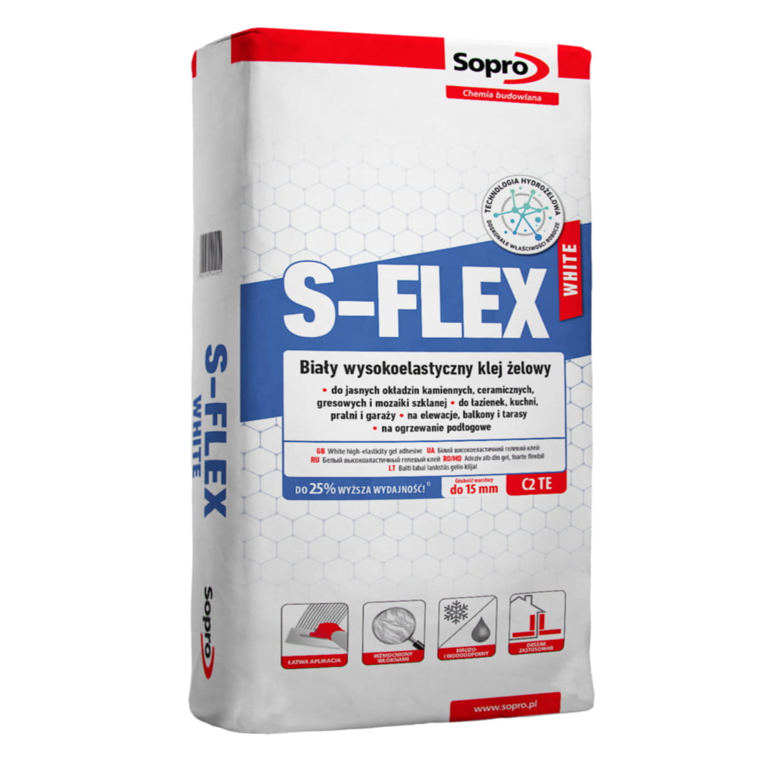 SOPRO KLEJ DO PŁYTEK S-FLEX 202 BIAŁY CEMENT WYSOKOELASTYCZNY ŻELOWY 22,5KG