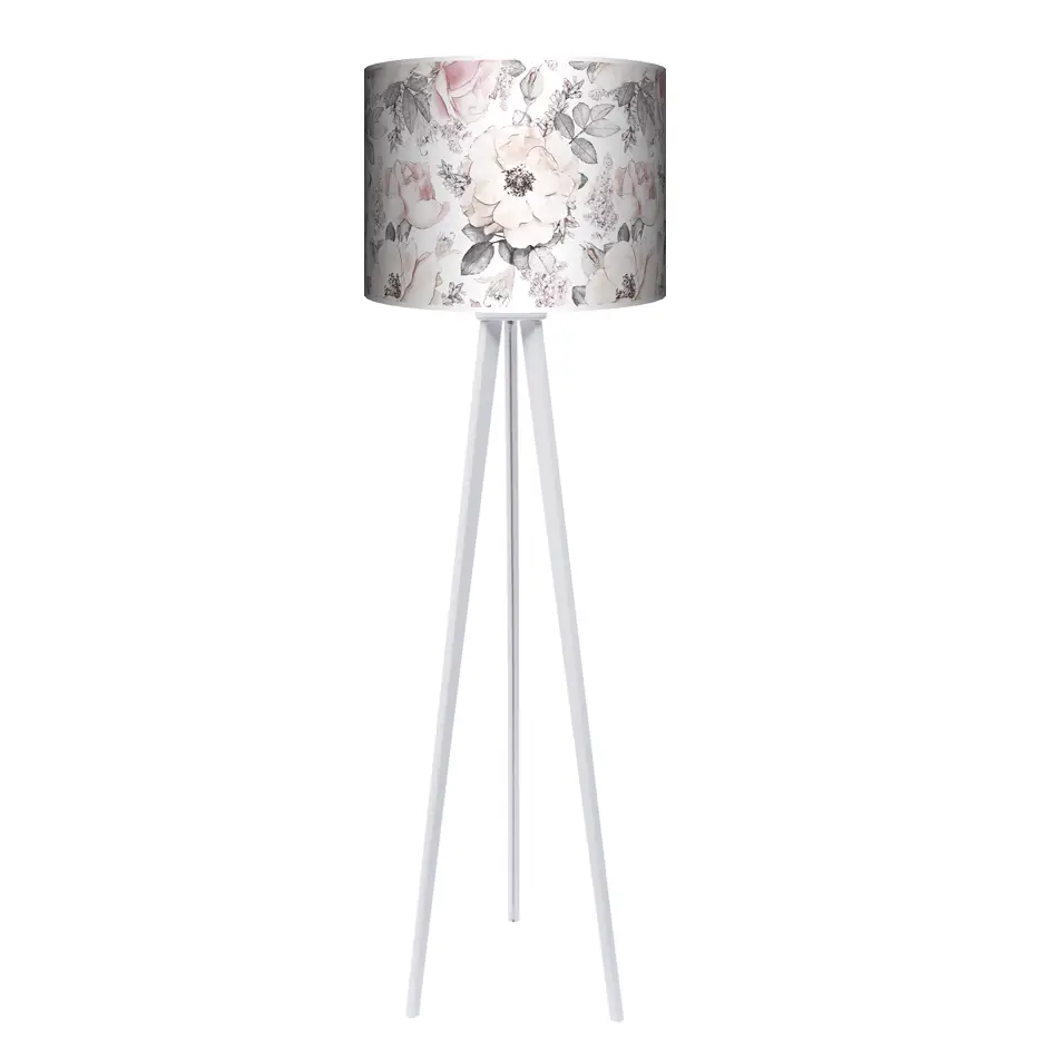 Lampa podłogowa - trójnóg drewniana duża - szare kwiaty - kolor podstawy do wyboru FL - czarny