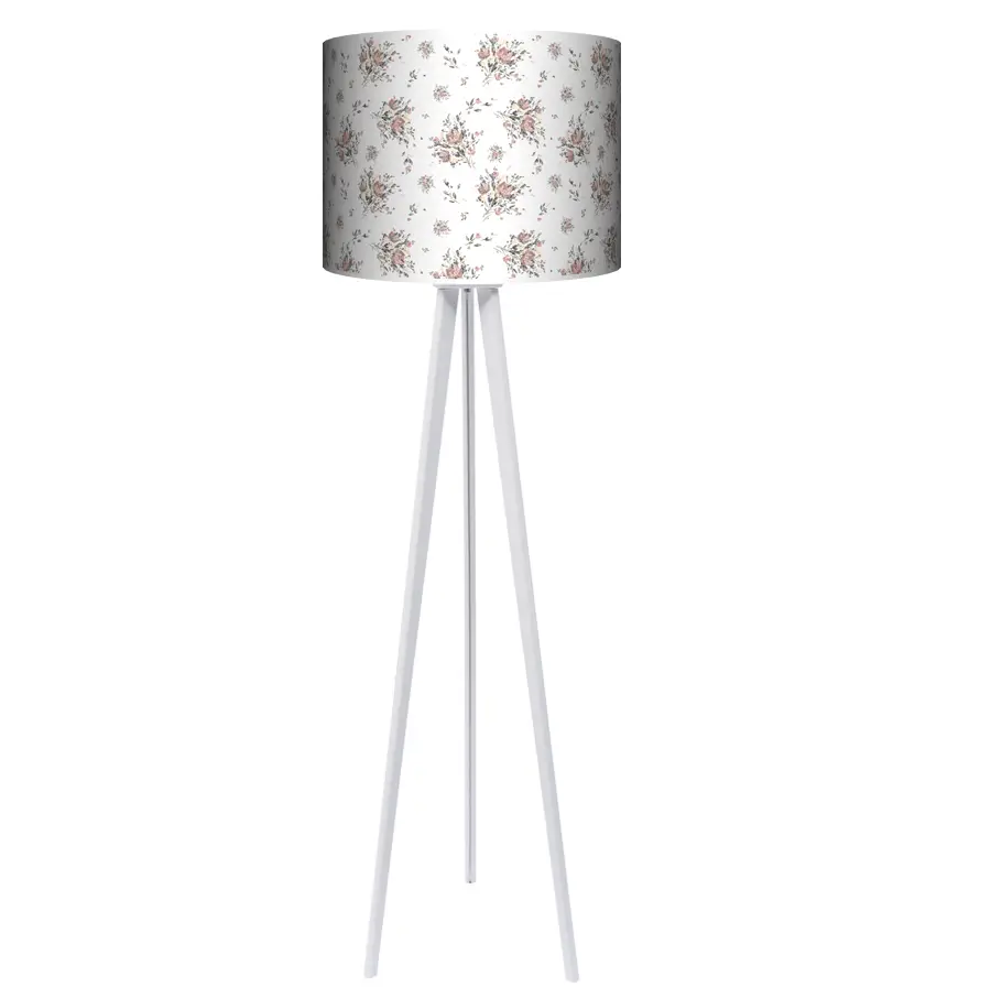 Lampa podłogowa - trójnóg drewniana duża VINTAGE FLOWERS -kolor podstawy biały FL - biały